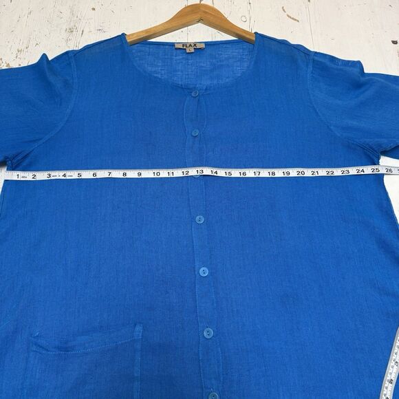 FLAX Tunic Blouse Top Large Linen Cotton Button Up Lagenlook Bright Blue Coastal - Picture 6 of 11